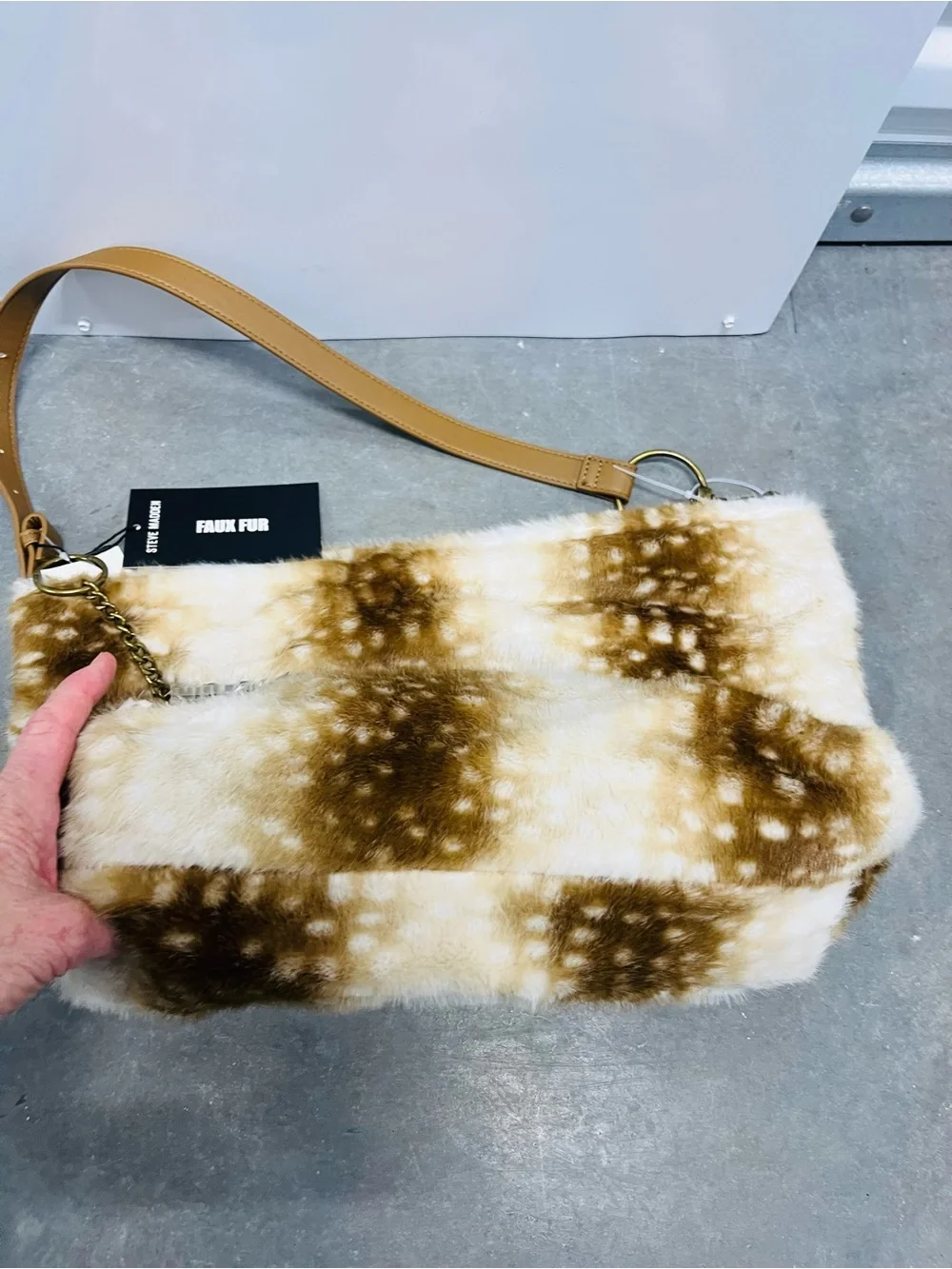 NWT viral Steve Madden Faux Fur Deer Print Hobo Bag + Matching Pouch -